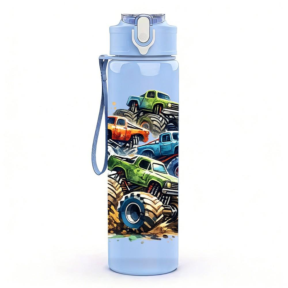 1PC Monster Truck 4 Year Old Birthday Print 750ml Color Plastic Sports Water Bottle Leakproof Flip Straw Lid Suitable for Sports Office Home Use