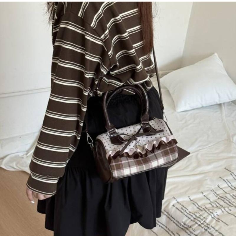Cute Polka Dot Mini Handbag Brown Bow Design Ruffle Shoulder Bag Sweet Plaid Detail Small Tote Purse Women Casual Crossbody Bag