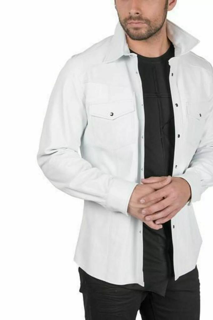Party Stylish Lambskin 100%Leather Real Handmade Men Shirt Formal White Casual