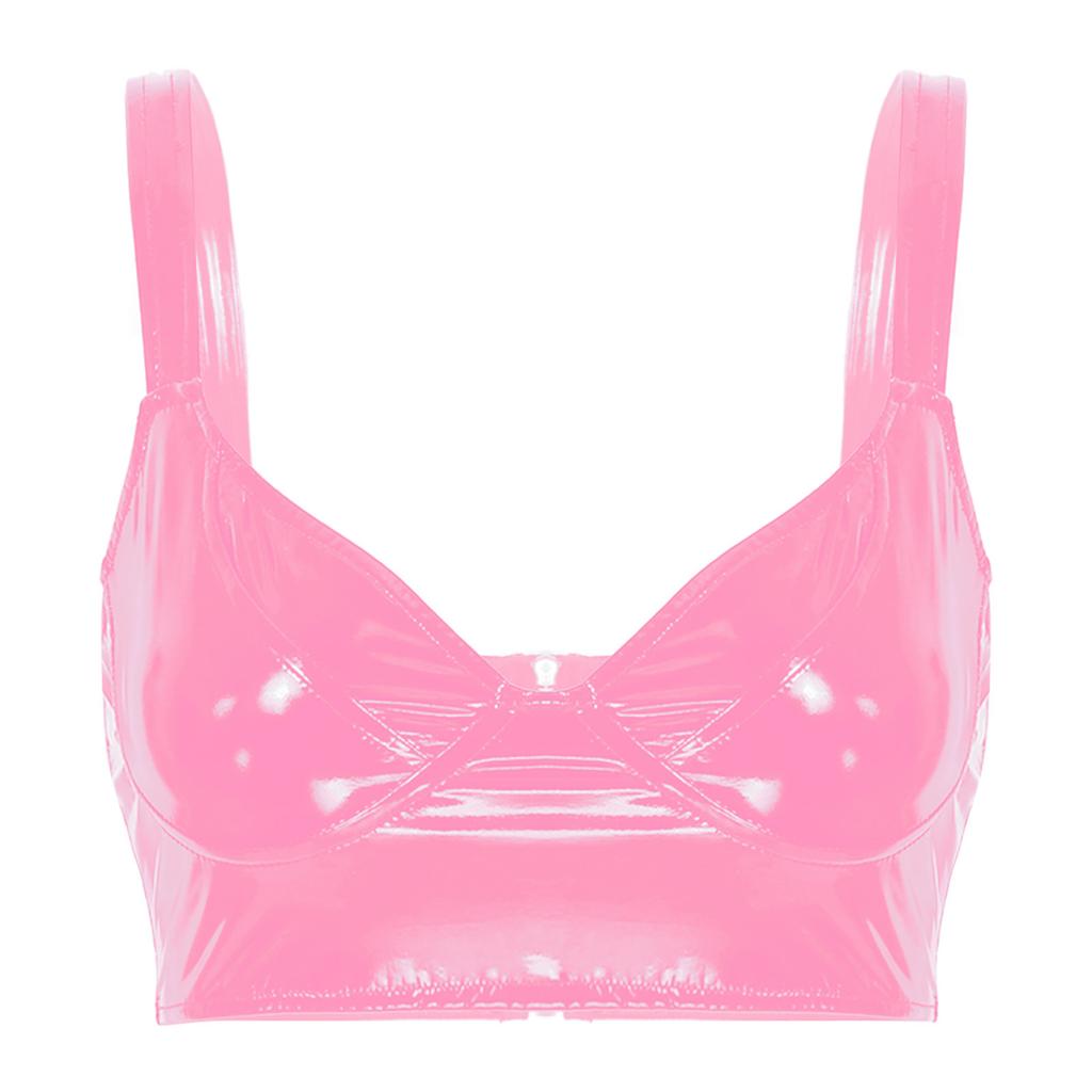 Dámská lesklá lakovaná podprsenka s výstřihem do V Top Široká ramenní ramínka Party Clubwear Topy Rave