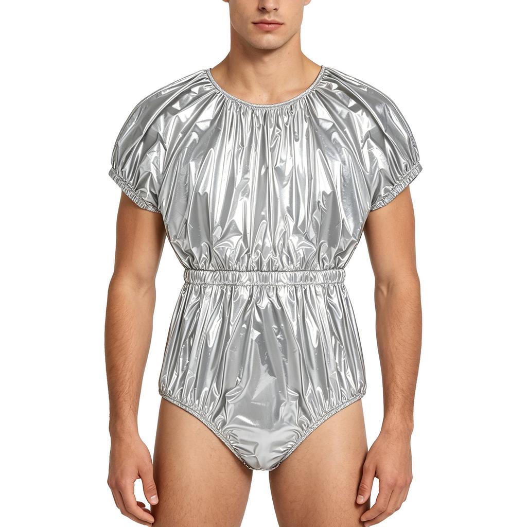 Adaptive Swimwear for Men M-3XL Waterproof Bodysuit Button Crotch Short Sleeve Elastic Waistband Leakproof Jumpsuit for Special Needs
