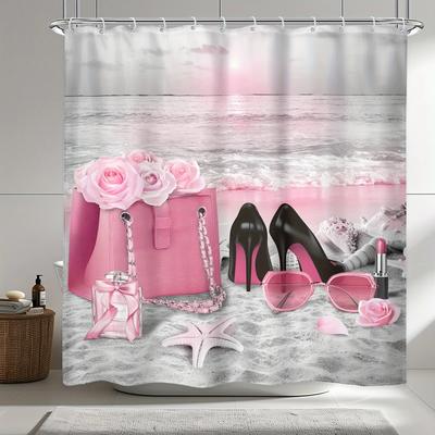 """Rosa Rose Strand Duschvorhang - Girly Modern, Parfüm & Handtaschen Design, Wasserdichtes Polyester, Sonnenaufgang Sonnenuntergang Badezimmer Dekor"""