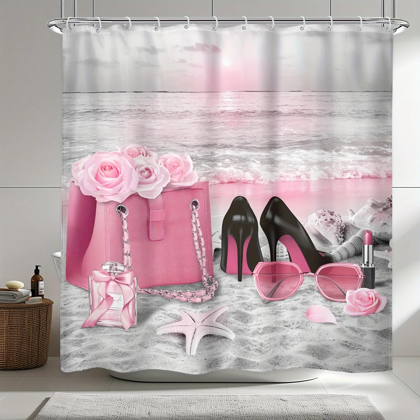 

Pink Rose Beach Shower Curtain - Girly Modern, Perfume & Handbag Design, Waterproof Polyester, Sunrise Sunset Bathroom Decor W90xH180cm