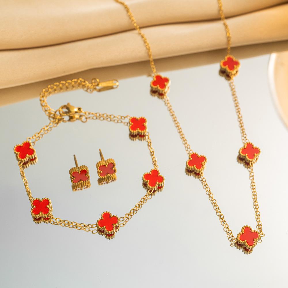 Titanium Steel 9mm Double-sided Four-leaf Clover Necklace Set for Women Fashionable Elegant and Luxurious