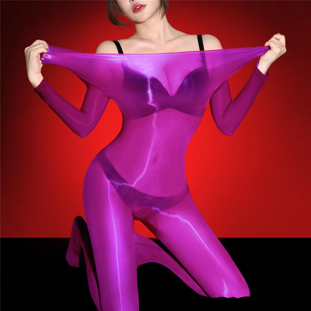 Sexy Women Home Yoga Bodysuit Oil Glossy Shiny 5D Thin Open Crotch Shaping Tights Sheer See Through Cosplay Maid Leotard