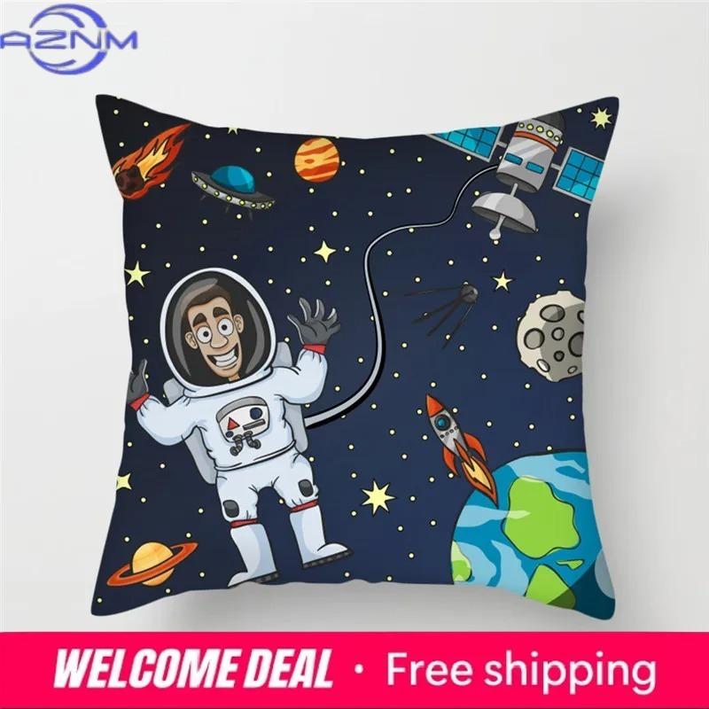 Cartoon Astronaut & Rocket Spaceship Pillow Cover Decor Space Theme Cushion Case For Sofa Bedroom, Galaxy Print Pillow Cover