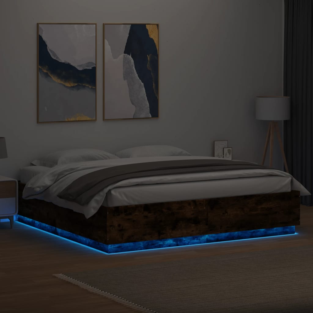 LED Bed Frame In Smoked Oak 200x200 Cm Engineered Wood