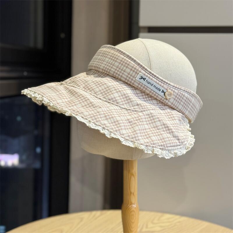 

Spring and summer UV protection hat, Korean style stylish lace plaid open-top hat for women, large brim sun protection hat for outdoor use Adult54-60Adjustable розовый