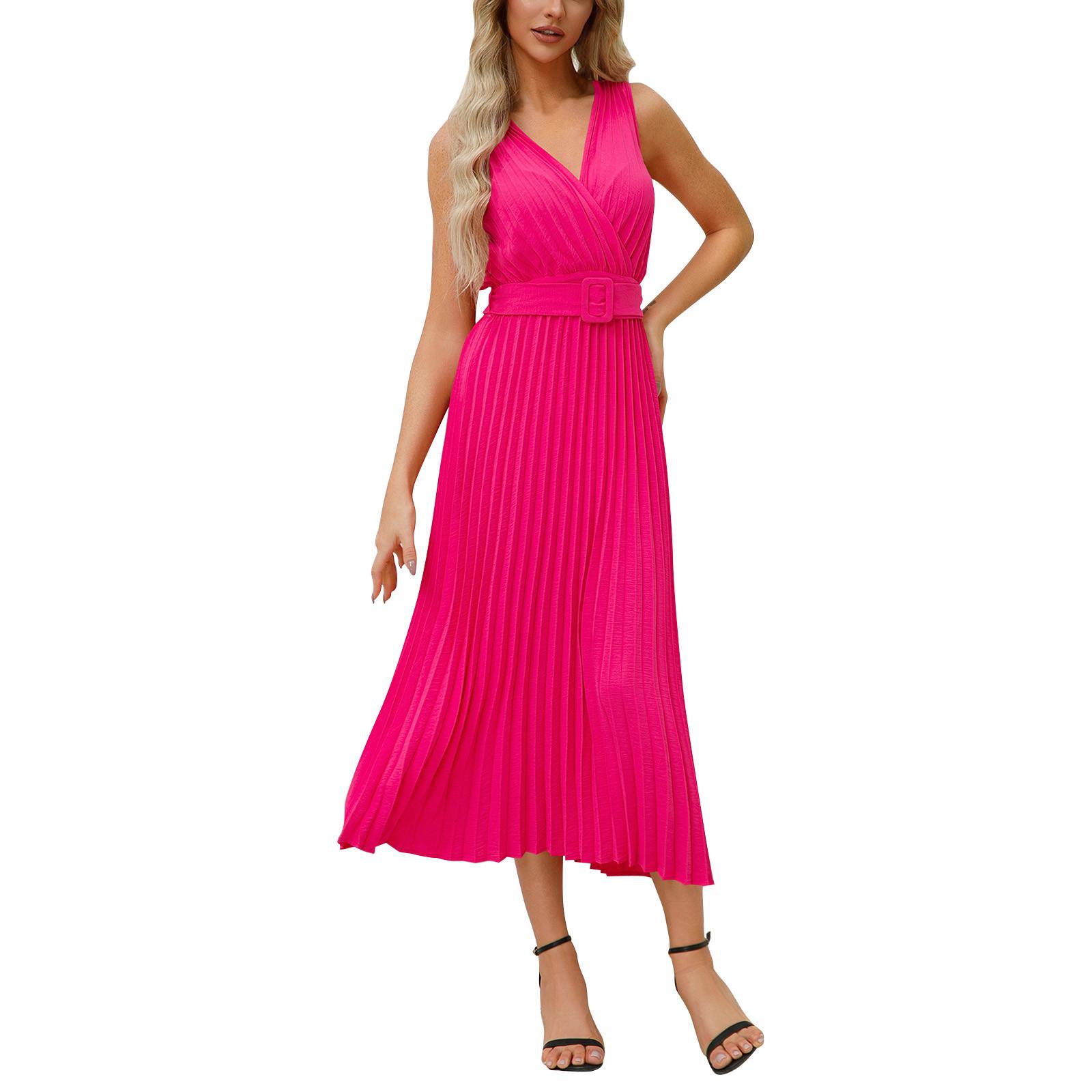 

Женские однотонные тонкие темпераментные плиссированные платья с v-образным вырезом и поясом XL