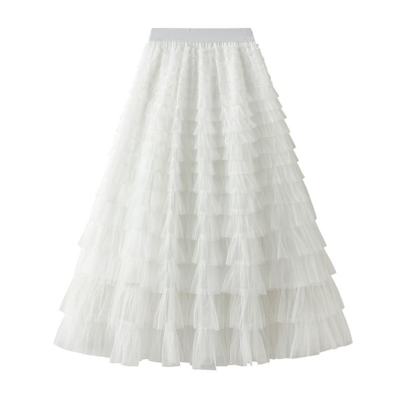 Tutu Cake Skirts Women Elegant Cascading Ruffles A Line Long Skirts Female Casual Elastic Waist Party Lace Skirt Faldas