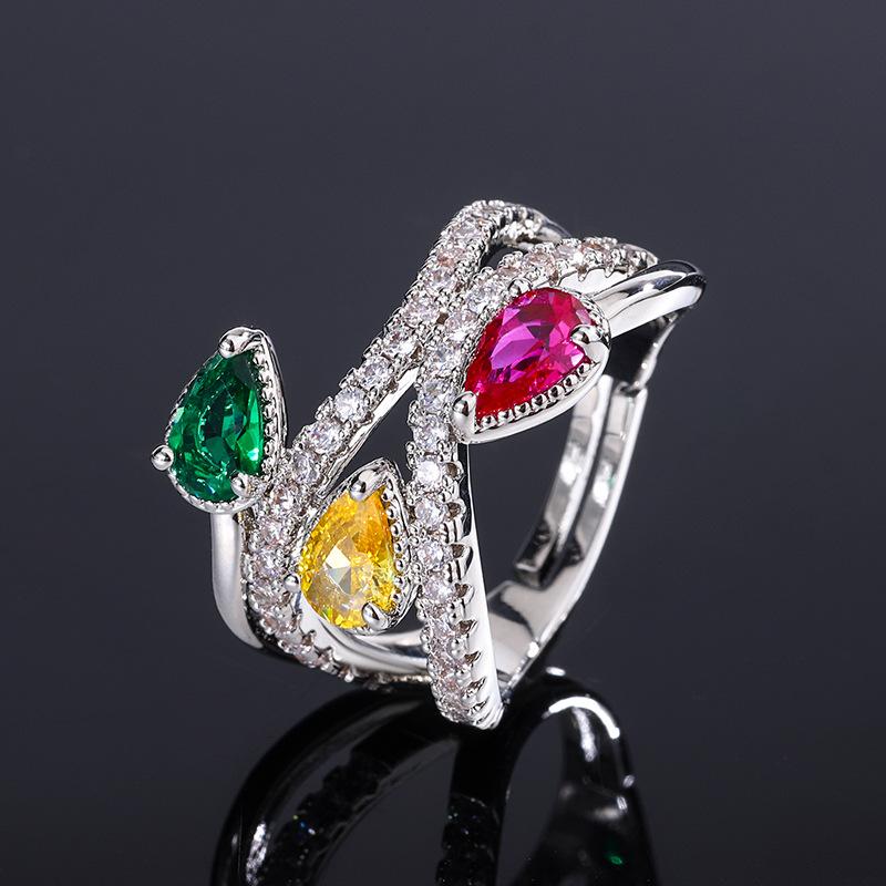 Jewelry Colorful Rhinestone Zircon Ring Women's Light Luxury Micro-inlaid Colorful Treasure Ring New Ring