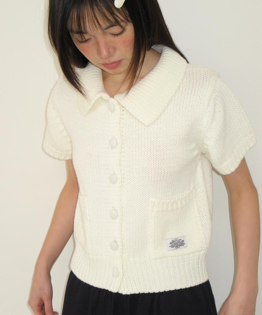 Ronron Pocket Collared Knit Short Sleeve Cardigan Ivory