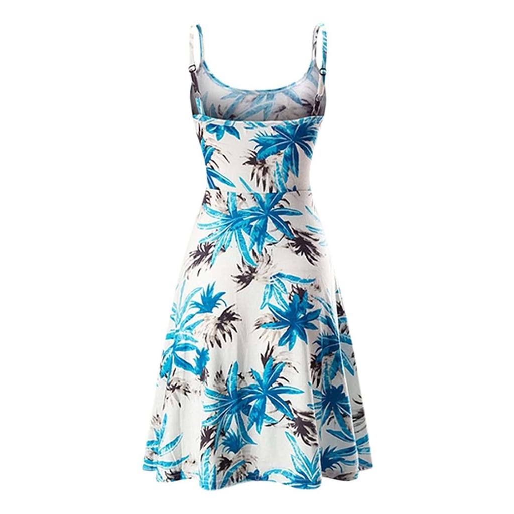 Fashion Womens Casual Loose Print Splicing Backless Sling Sleeveless Dress