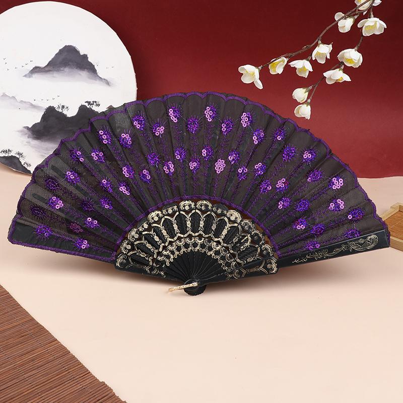 Jedwabny wentylator składany wentylator Prezenty ślubne Paw Cekiny taniec Wentylator ręczny wentylator