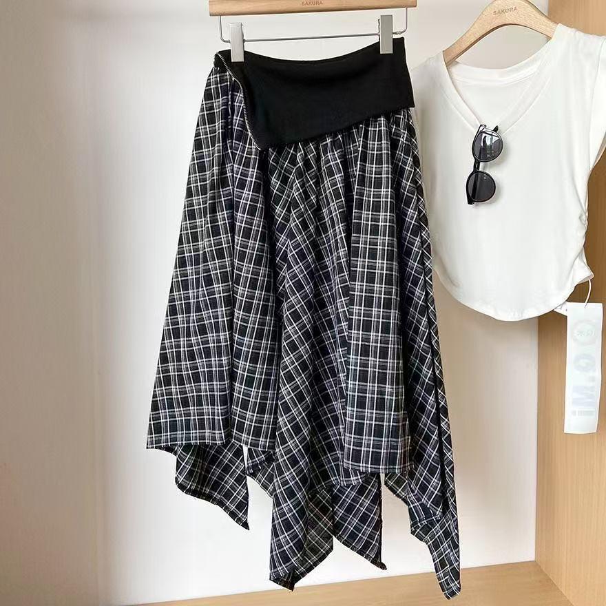 Korean Style Plaid A-line High Waist Skirt - Summer Slimming Mid-length