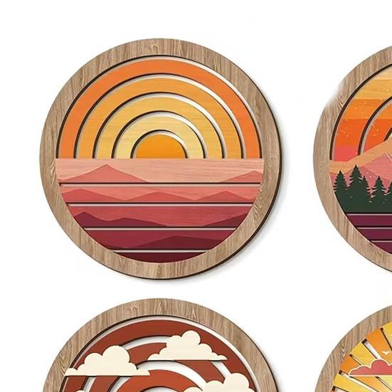 Retro Sunset Landscape Wall Art 4Pcs Boho Art, Abstract Round Hanging Ornaments, Modern Home Decor for Cafe Wooden Living Room Bedroom Hallway Office