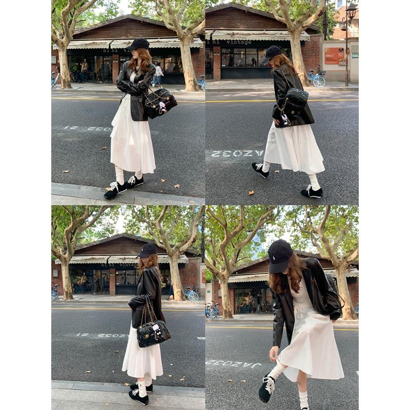 Cowhide version retro square head pearl bow shoes casual sports women