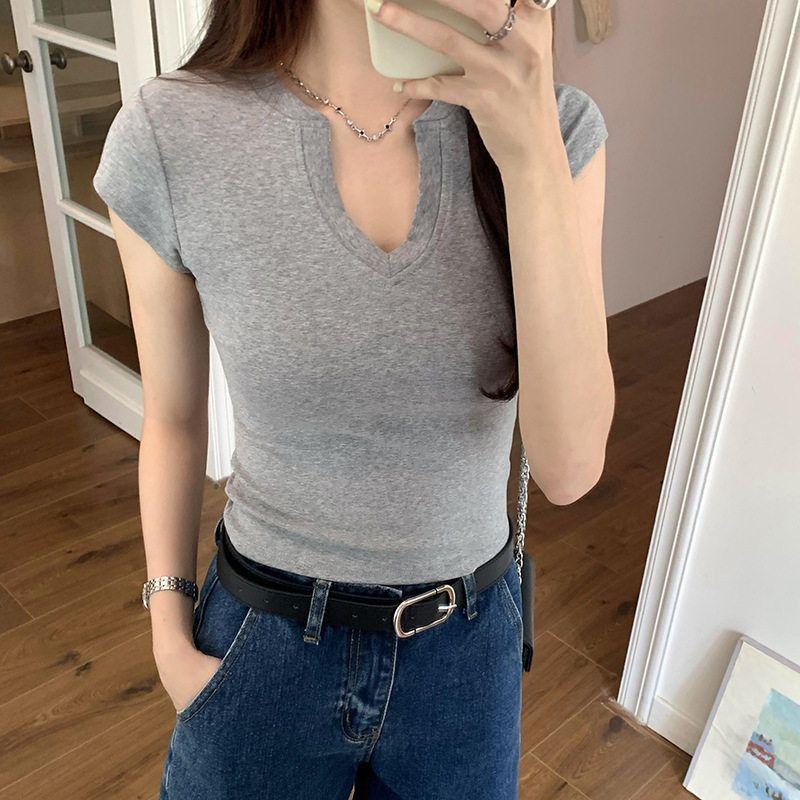 Pure cotton small V-neck short-sleeved T-shirt women's elastic, slim and thin running sports fitness cycling top summer
