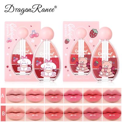 Six-color Strawberry Mirror Jelly Lipstick Palette Juicy Pink Solid Lip Gloss Set Moisturizing Lip Oil Tint with Silicone Brush