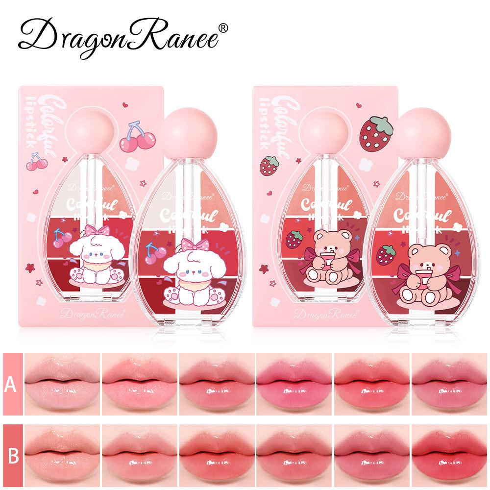 Six-color Strawberry Mirror Jelly Lipstick Palette Juicy Pink Solid Lip Gloss Set Moisturizing Lip Oil Tint with Silicone Brush