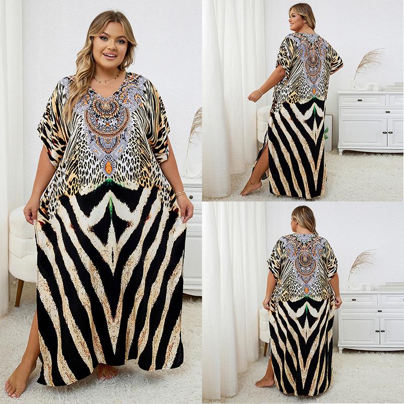 European-American Rayon Print Plus Size Beach Cover-Up Dress & Long Robe