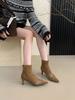 2025 French Suede Splicing Pointed Thick High-heeled Short Boots Women's Autumn and Winter New Fashionable Versatile Rear Zipper Short Boots