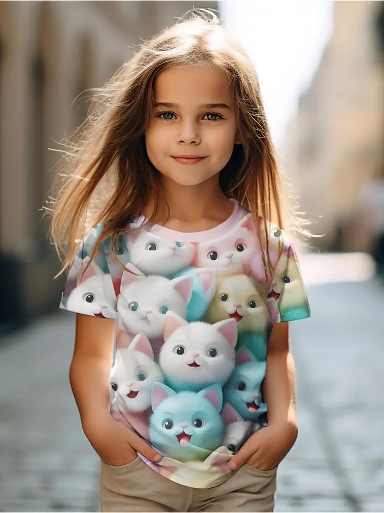 Kinderkleidung Kinder T-Shirt Mädchen Kurzarm Top Cartoon Katze Kawaii Mädchen Sommerkleidung Kinder T-Shirt Kinderkleidung