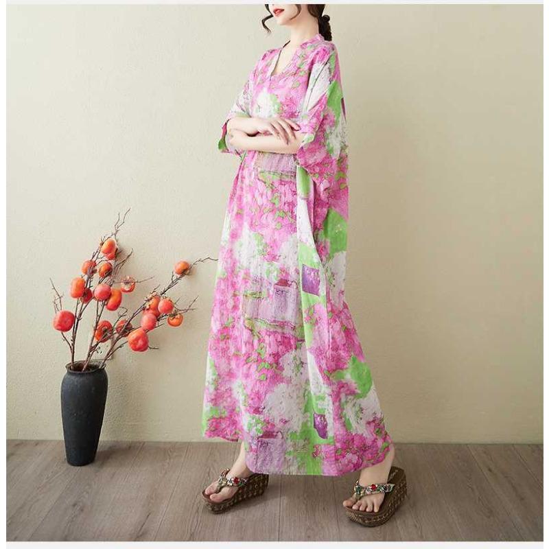 Women's Vintage Long Dress with Cotton and Linen Patterns