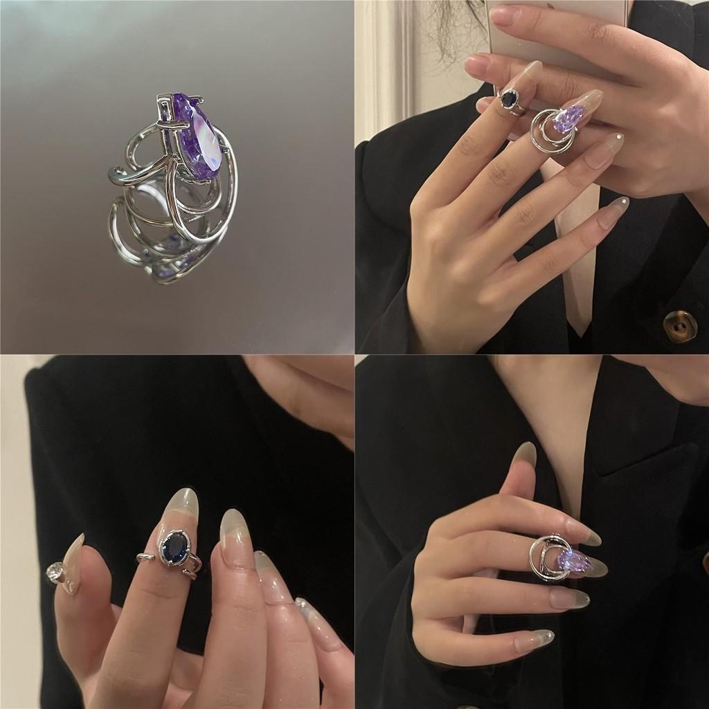 French Inspired Unique Purple Gemstone Ring Fashionable Geometric Design Women For