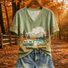 Women's Fall Themed Print V-Neck Short Sleeve Top for Casual Everyday Wear