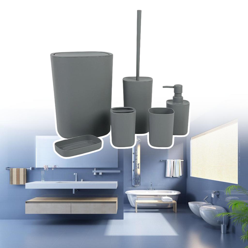 6 Piece Bathroom Set Plastic Toothbrush Holder Waste Bin Combo For Modern Bathroom Storage