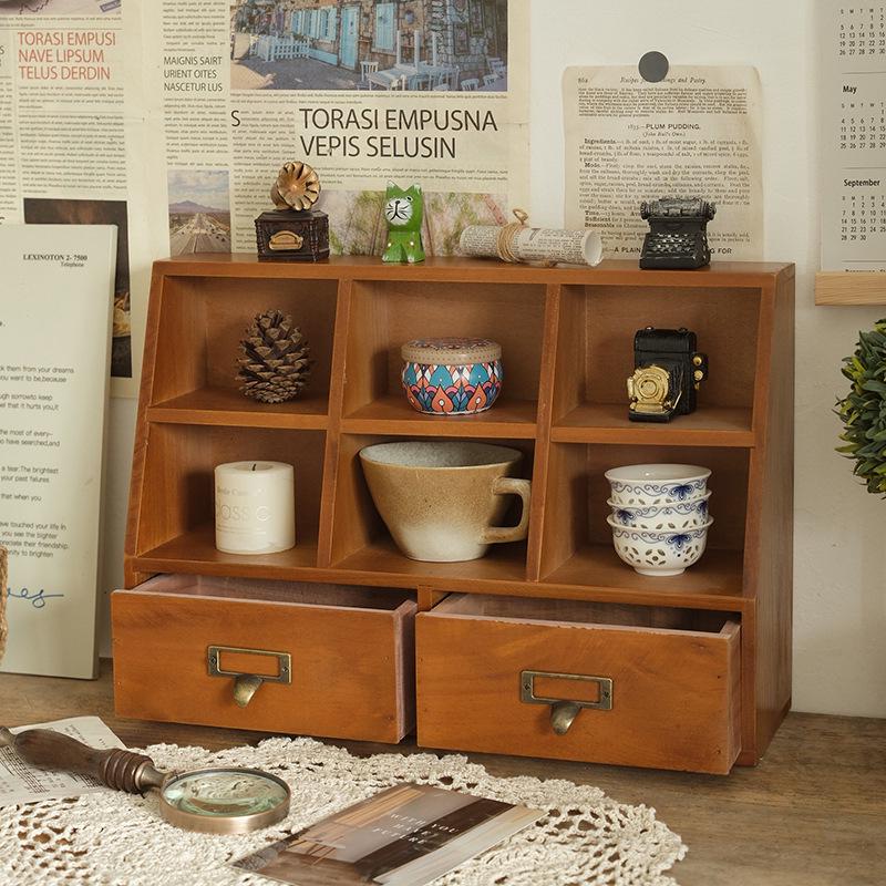 Retro Dorm Desktop Storage Box: Wooden Multifunctional Lipstick & Journal Organizer with Drawer.