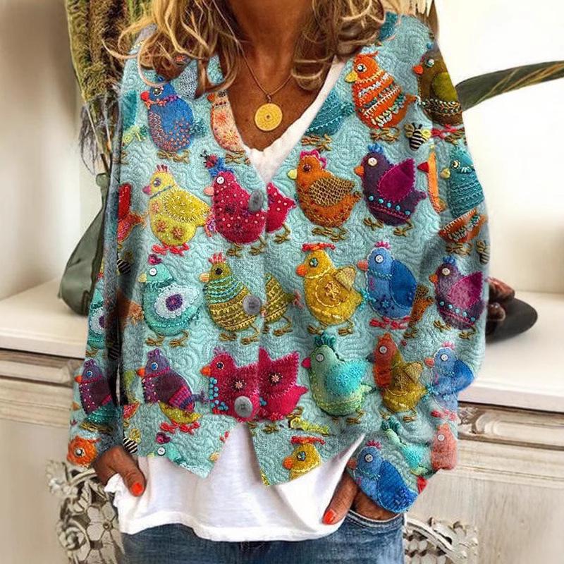 2026 Trending Women's Digital Print V-Neck Cardigan Sweater - Short, Long-Sleeve Design