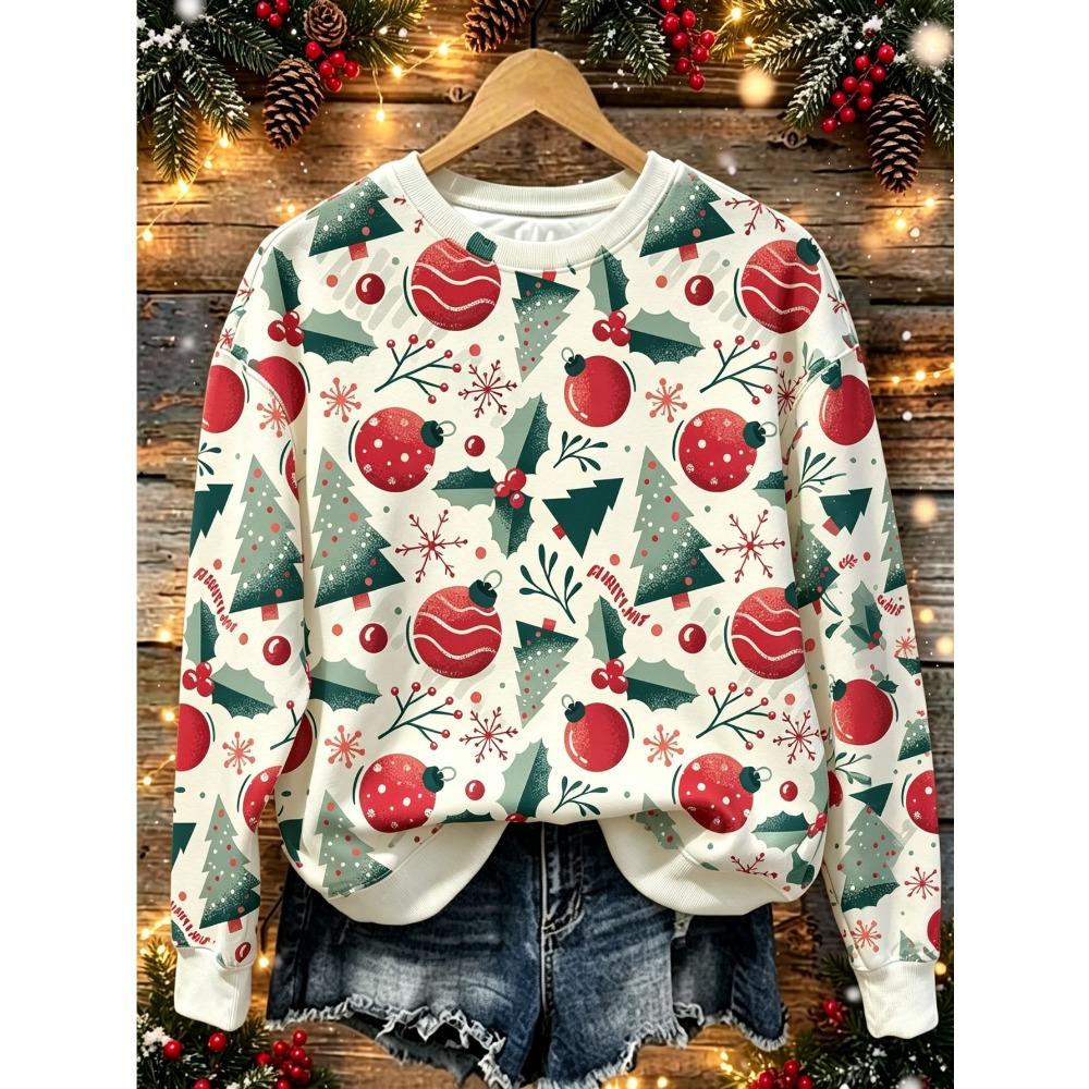 Women Long Sleeve T-shirt Round Neck Santa Reindeer Snowman