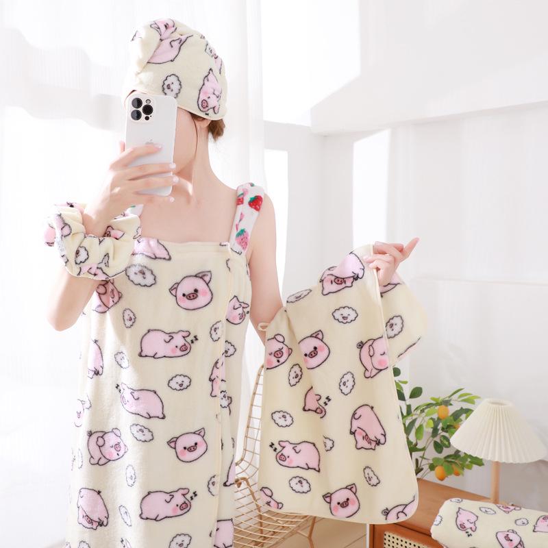 

5-Piece Coral Fleece Bath Set: Pig Hair Towel, Bath Towel, Lanyard Bathrobe, Hair Drying Cap, Hair Tie Hair Tie 10*28