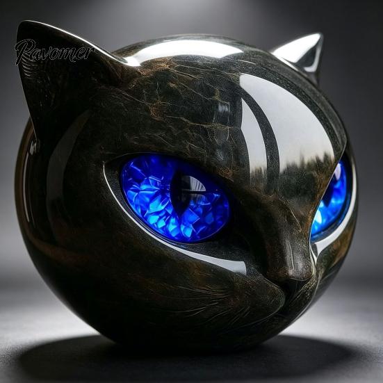 Small Statue for Bookshelf Spherical Black Cat Head Ornament, Resin Gothic Style Sculpture with Colorful Figurine Eyes Halloween Tabletop Decor