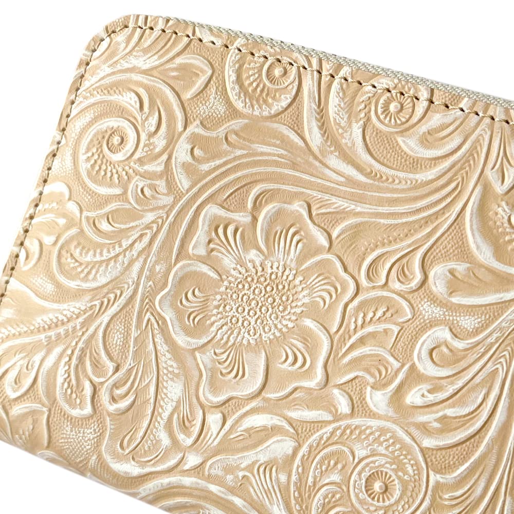 Gratia Women's Long Wallet, Round Wallet, Genuine Leather, Made in Japan, Floral Embossed Leather, Round Zipper, G057 (White)