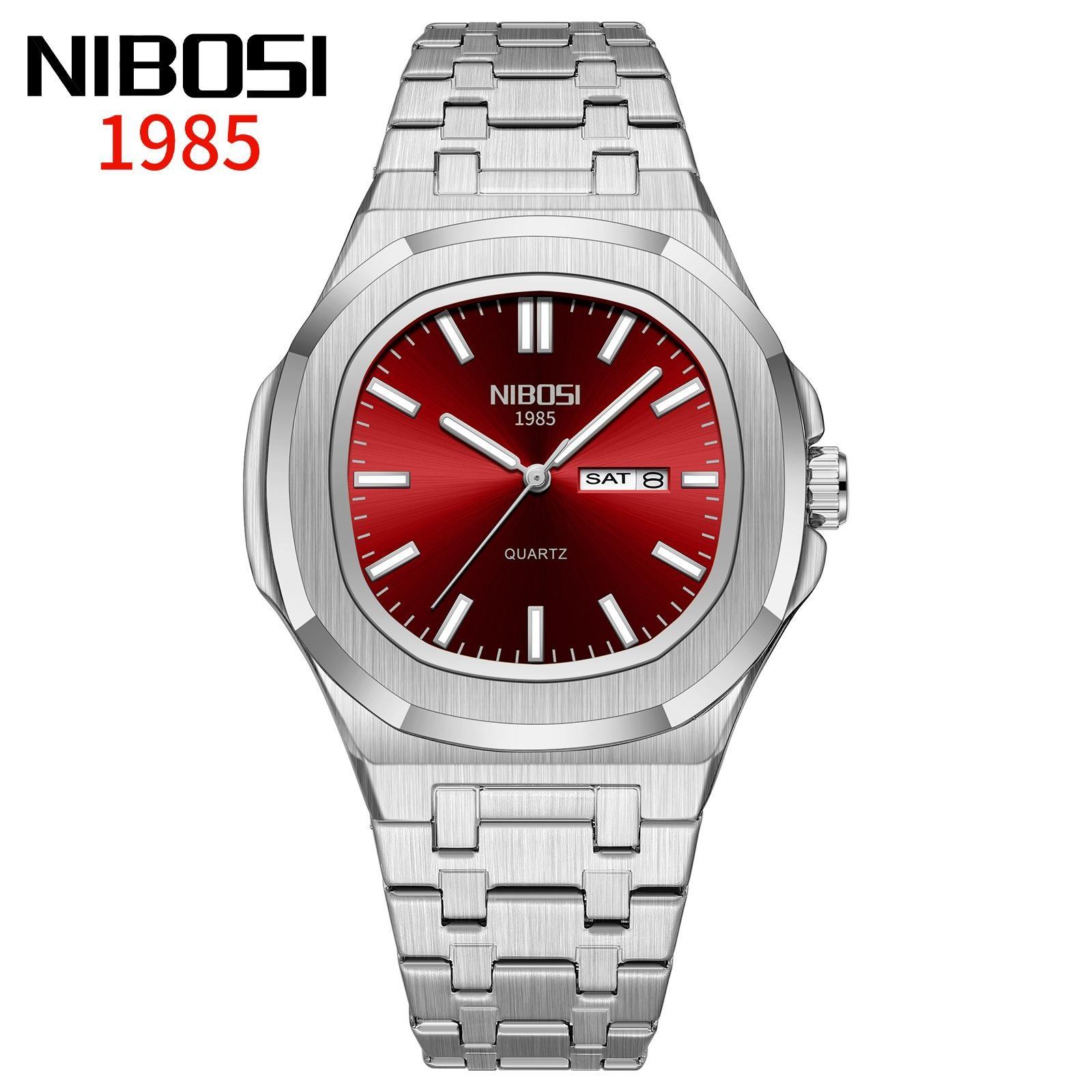 

NIBOSI Fashion Men s Watches Waterproof Luminous Date Week Men Watch Stainless Steel Business Luxury Quartz Watch срібний/червоний