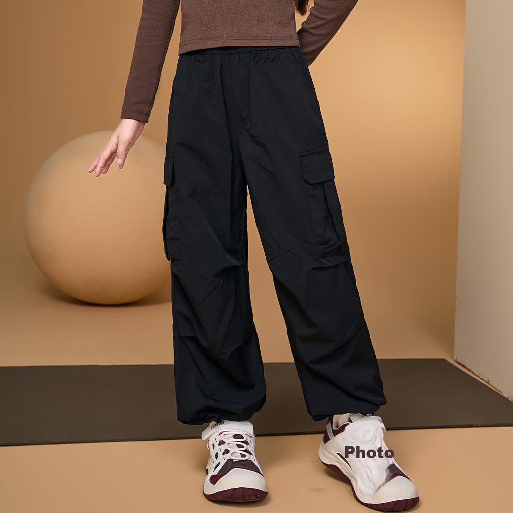ASK JUNIOR Girls' Pants, Spring 2026 Outdoor Fashion Sports Pants, Mosquito-Repellent Trousers, Cargo Paratrooper Pants, Black, Size 160