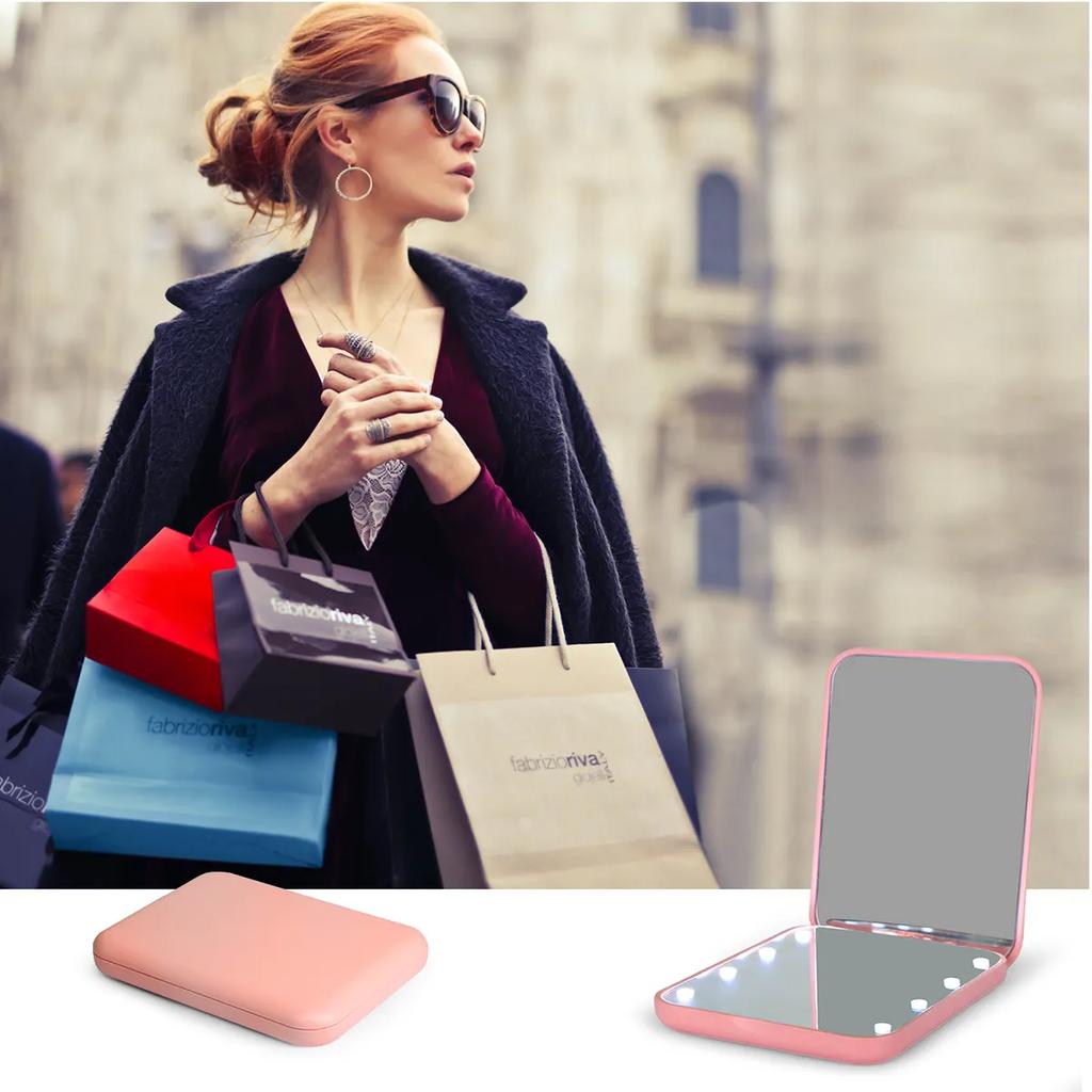 Girl's Gift Promotional 2X Magnifying Plastic Small Pocket Mini Led Lighted Vanity with Mirror for Night Use
