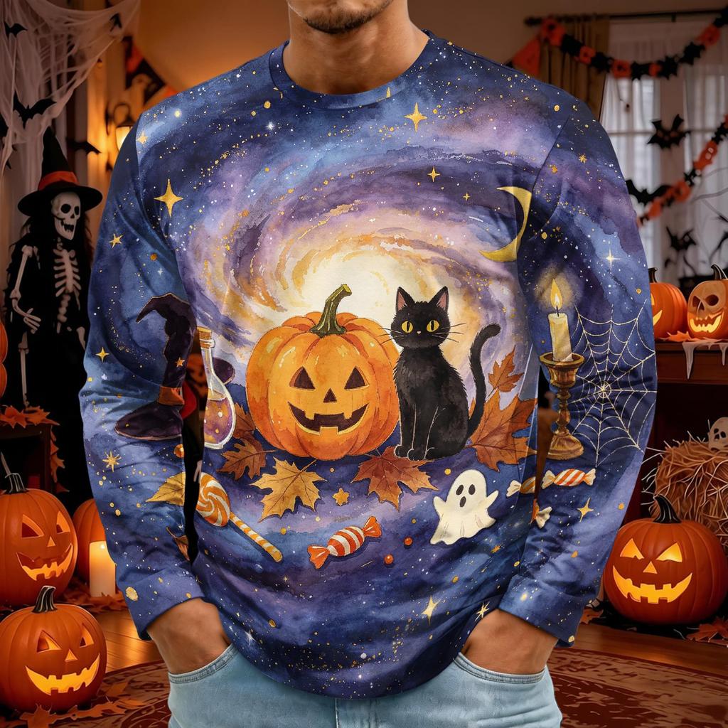 Men's Halloween Print Long Sleeve Neck T-Shirt for Party and Casual Wear