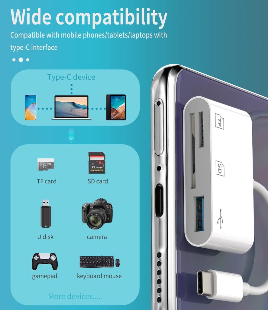 USB-C Adapter, SD Card Reader, TF Card, Micro USB 3.0, OTG Port, Docking Station (3-in-1), Thunderbolt 4 Type-C Dongle Cable, Compatible with