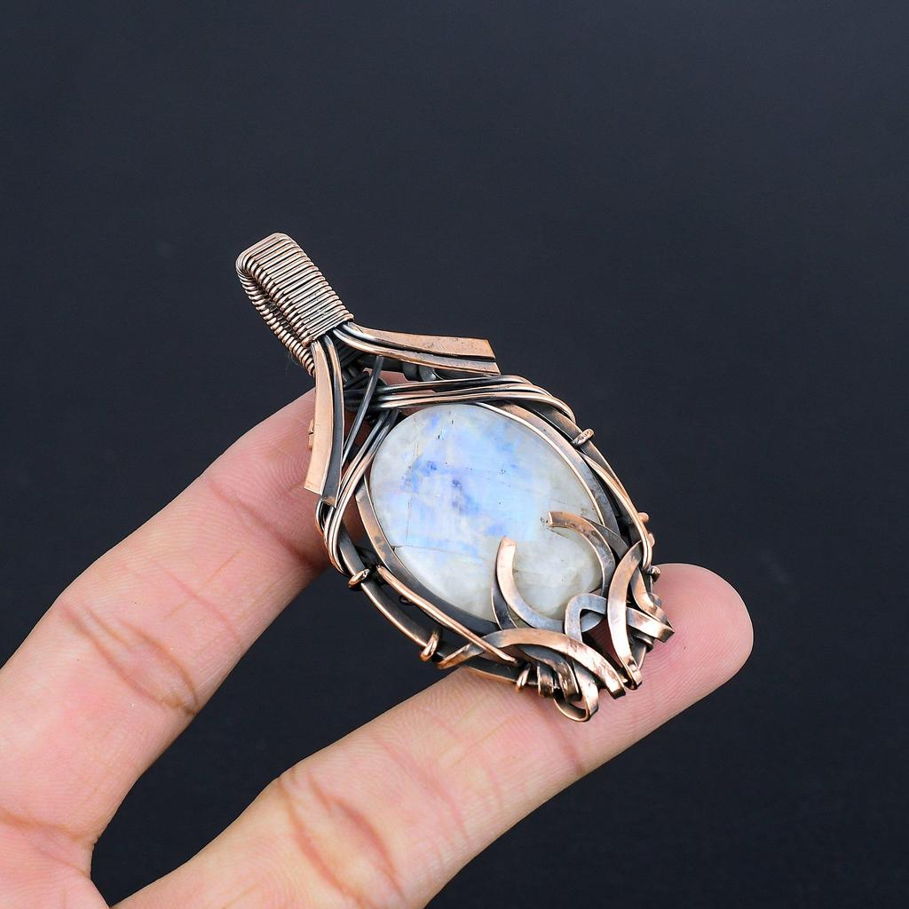 Rainbow Moonstone Pendant Gemstone Jewelry, 999 Copper Wire Wrapped Pendant, Handmade Beautiful Jewelry Pendant