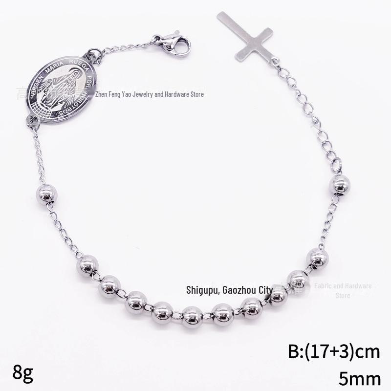 Bracelet Religieux Croix en Perles d'Acier Inoxydable 5mm