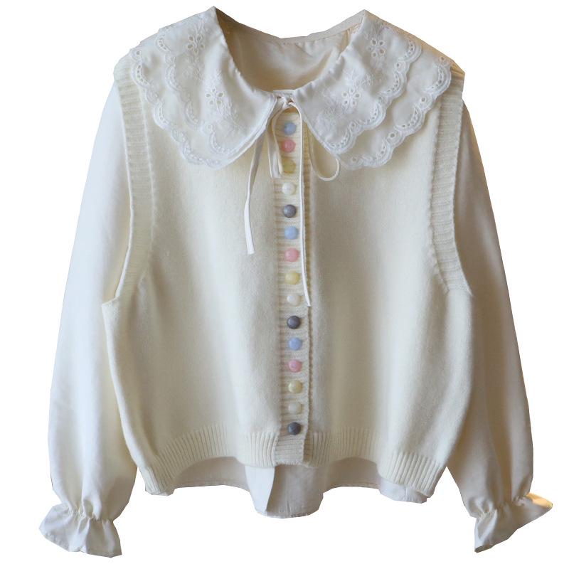 Spring 2025 Korean Style Women's Peter Pan Collar Blouse + Knit Vest Set