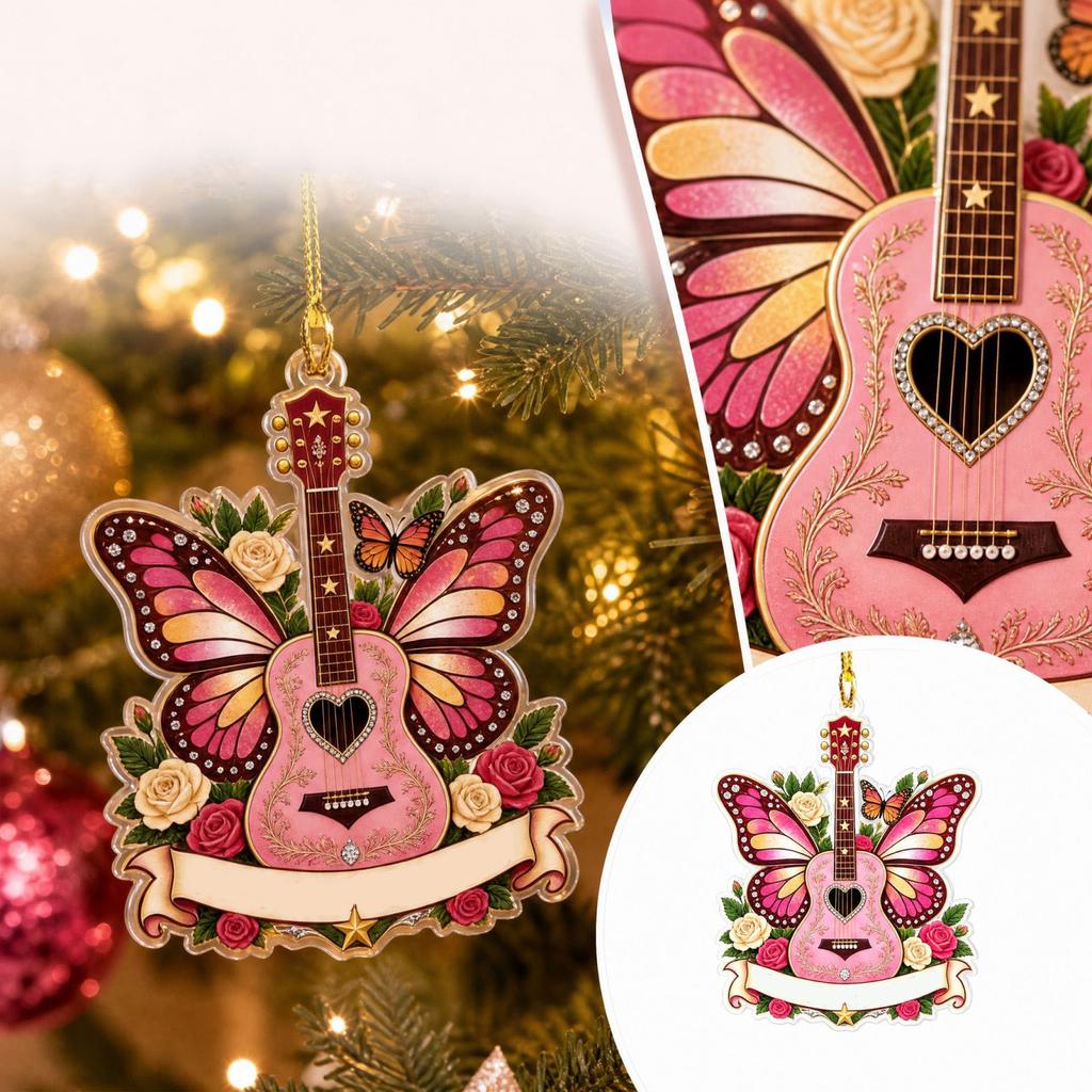 Music Themed Acrylic Guitar Butterfly Christmas Tree Ornament - Hanging Decoration for Holiday Celebrations