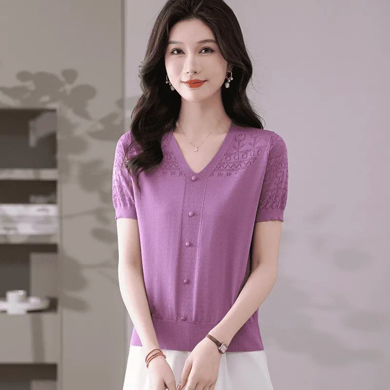 Summer Women's V-neck Knitted T-shirt Top T-shirt Solid Color Top
