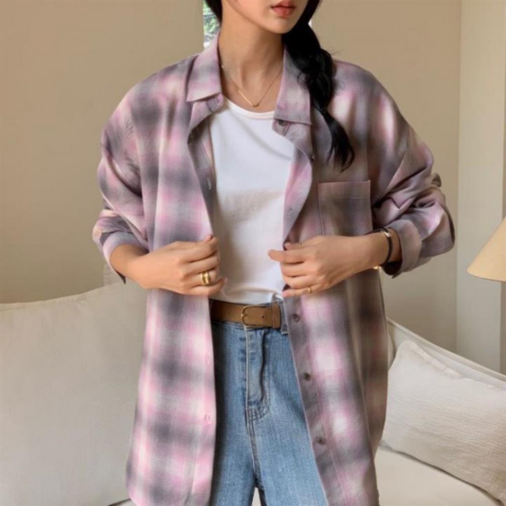 New Arrivals Open Run Women Check Pattern Loose Fit Button Shirt