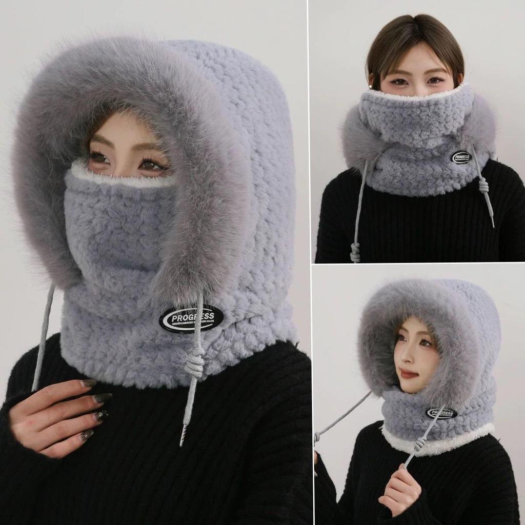 Damen Winddichte Rad-Sturmhaube: Warmer Ohrenschutz Einteiliger Pullover mit Plüschschal & Maske, Ideal für den Außenbereich im Herbst und Winter