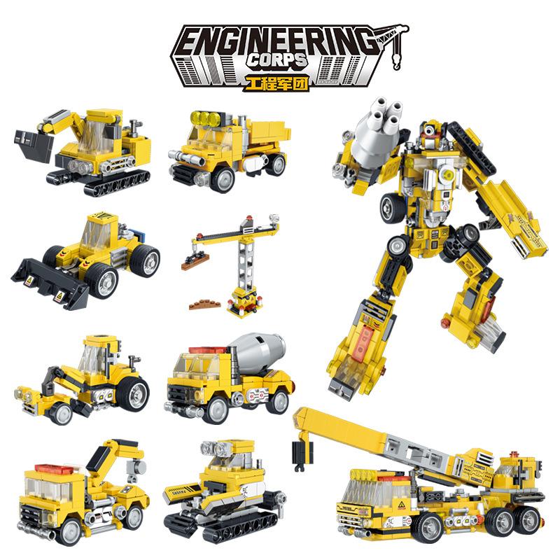 Children'S Diy Assembly Construction Truck Fire Truck Building Block Set, Puzzle Assembly Deformation Robot Model Car